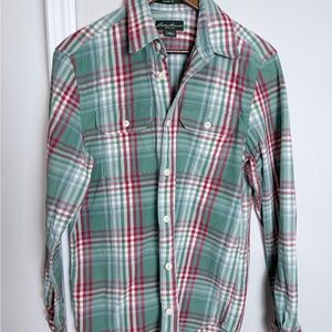 Eddie Bauer Men's Green and Red Plaid Shirt